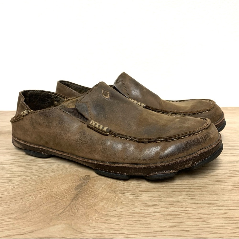 OluKai Moloa‎ Slip On Convertible Loafers Size 9 Brown Distressed Leather Casual